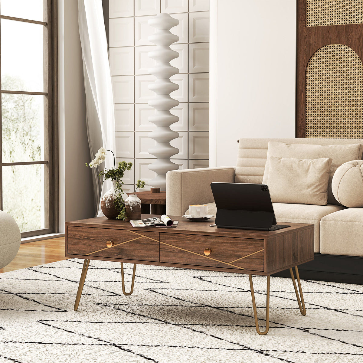 HOMCOM Coffee Table with Drawers, Living Room Table with Steel Base