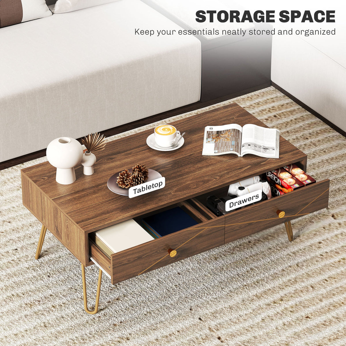 HOMCOM Coffee Table with Drawers, Living Room Table with Steel Base