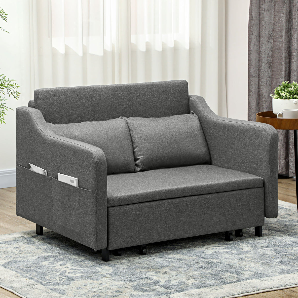 HOMCOM Pull Out Sofa Bed, Fabric 2 Seater Sofa Couch for Living Room, Grey