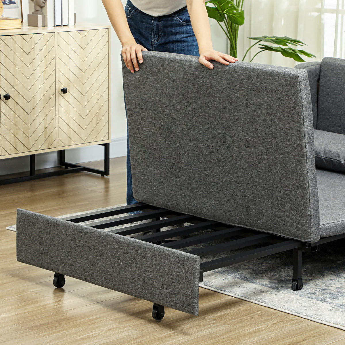 HOMCOM Pull Out Sofa Bed, Fabric 2 Seater Sofa Couch for Living Room, Grey