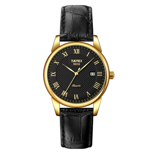 SKMEI 9058 Multifunctional Outdoor Fashion Waterproof Gold Shell Quartz Wrist Watch, Women Style Black Face Black Strap, Women Style Silver Face Brown Strap, Women Style Gold Face Brown Strap, Men Style Silver Face Brown Strap                          ...