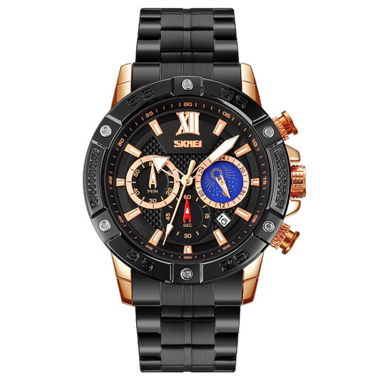 SKMEI 9235 Men Moonphase Stopwatch Stainless Steel Strap Quartz Watch