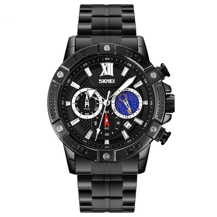 SKMEI 9235 Men Moonphase Stopwatch Stainless Steel Strap Quartz Watch