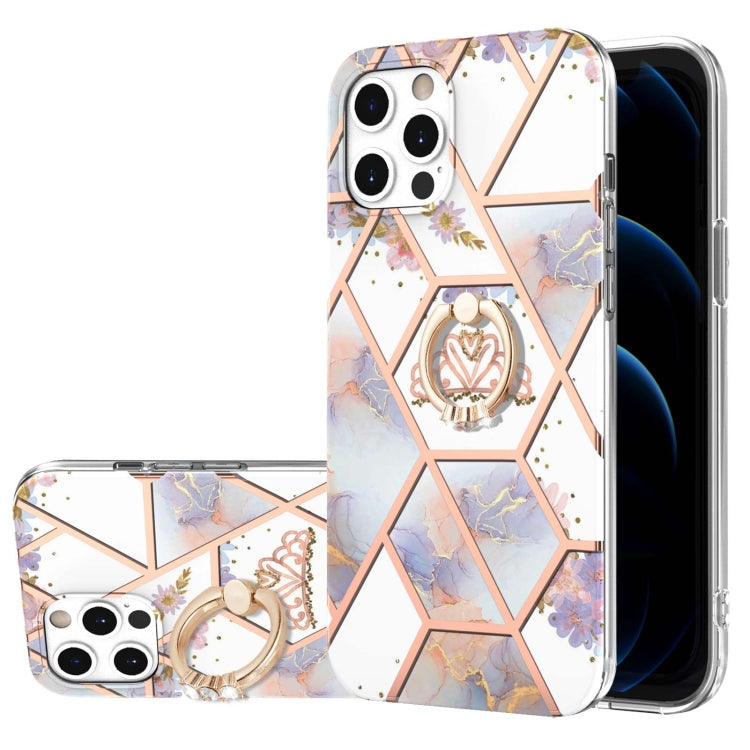 Electroplating Splicing Marble Flower Pattern TPU Shockproof Case with Rhinestone Ring Holder, For iPhone 13 mini, For iPhone 13, For iPhone 13 Pro, For iPhone 13 Pro Max, For iPhone 12 mini, For iPhone 12 / 12 Pro