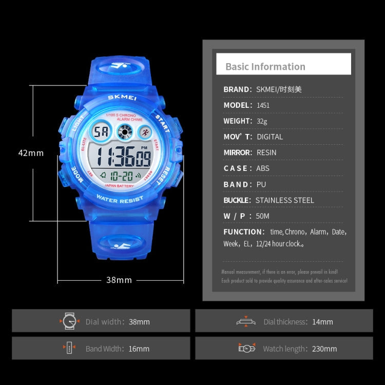 SKMEI 1451 LED Digital Stopwatch Chronograph Luminous Children Sports Electronic Watch, 1451(Black Shell Blue Circle), 1451(Transparent Pink Blue), 1451(Transparent Purple), 1451(Transparent Sky Blue), 1451(Transparent Rose Red)                        ...