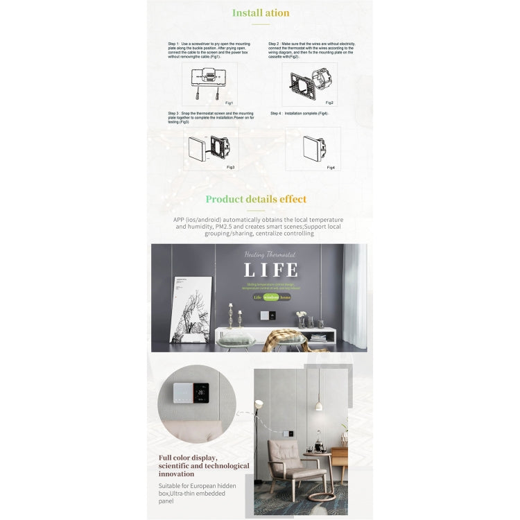 BHT-005-GCLW 220V AC 3A Smart Home Heating Thermostat for EU Box, Control Boiler Heating with Only Internal Sensor & WIFI Connection, BHT-005-GCLW