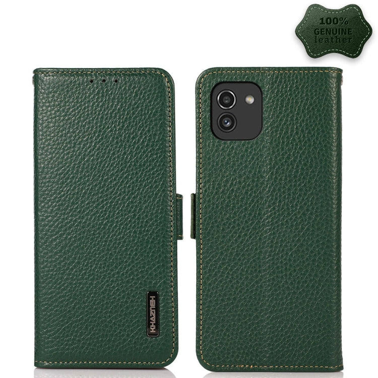 KHAZNEH Side-Magnetic Litchi Genuine Leather RFID Phone Case, For Samsung Galaxy A03 166mm Version, For Samsung Galaxy A03s 164mm Version, For Samsung Galaxy A13 4G, For Samsung Galaxy A13 5G, For Samsung Galaxy A33 5G, For Samsung Galaxy A53 5G