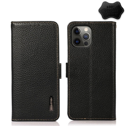 KHAZNEH Side-Magnetic Litchi Genuine Leather RFID Case, For iPhone 12 Pro Max, For iPhone 11, For iPhone 11 Pro, For iPhone 11 Pro Max