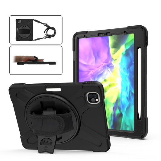 For iPad Pro 12.9 2020 / 2018 360 Degree Rotation Silicone Protective Cover with Holder & Hand Strap & Long Strap & Pencil Slot(Black)