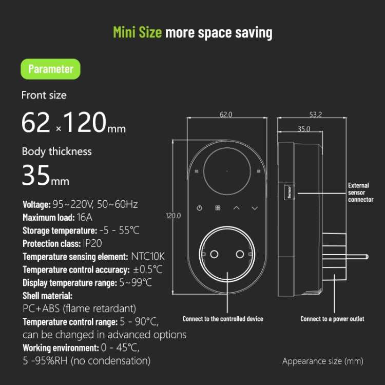 Plug-in LCD Thermostat, EU Plug, With WiFi, Without WiFi