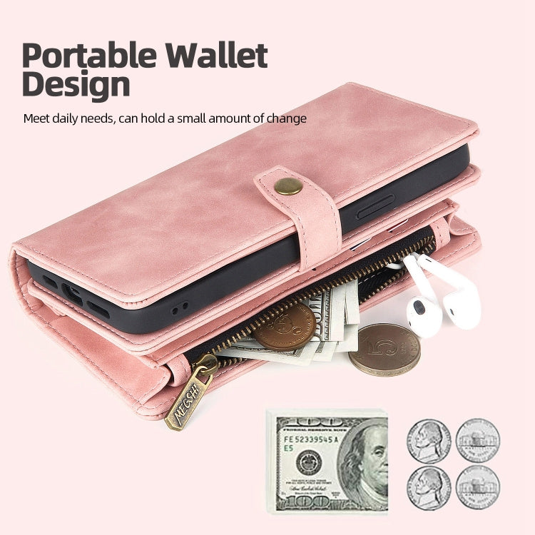 For iPhone 14 Pro Zipper Wallet Magnetic Detachable Leather Phone Case(Pink)