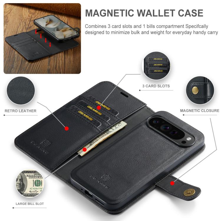 DG.MING Crazy Horse Texture Detachable Magnetic Leather Phone Case, For Google Pixel 10 Pro XL, For Google Pixel 10 / 10 Pro, For Google Pixel 9a, For Google Pixel 8a