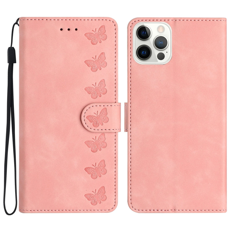Seven Butterflies Embossed Leather Phone Case, For iPhone 16, For iPhone 15 Pro Max, For iPhone 15 Pro, For iPhone 15 Plus