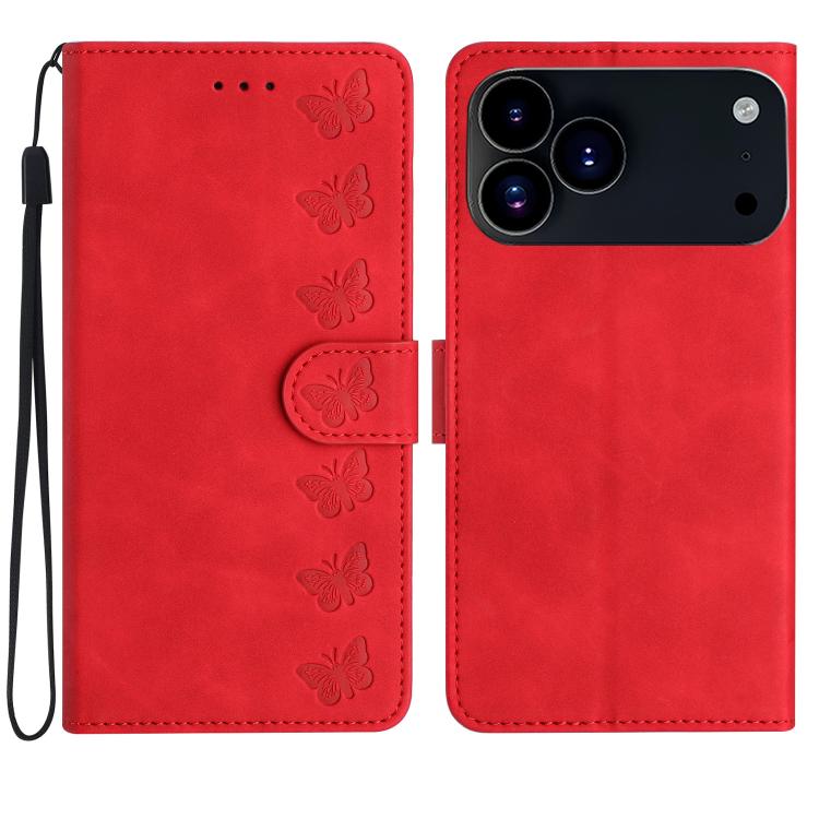 Seven Butterflies Embossed Leather Phone Case, For iPhone 16e / 17e, For iPhone 17 Pro Max, For iPhone 17 Pro, For iPhone 17