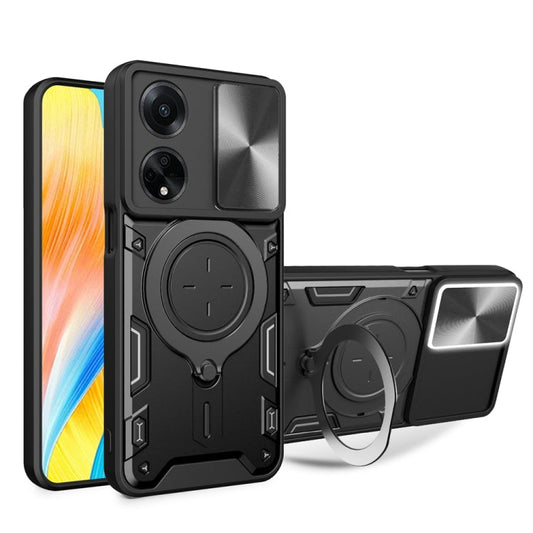 For OPPO F23 5G India / A98 5G / A1 5G CD Texture Sliding Camshield Magnetic Holder Phone Case(Black)