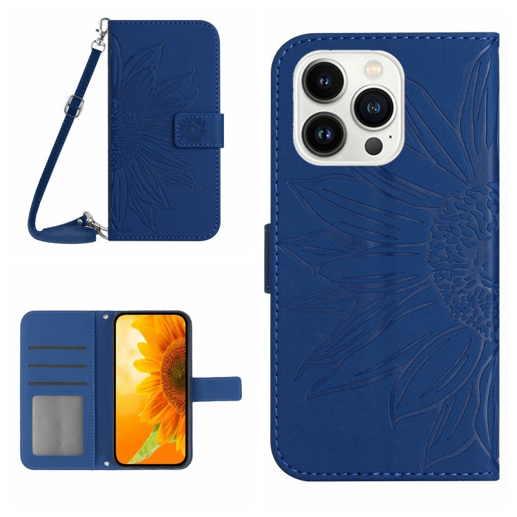 Skin Feel Sun Flower Embossed Flip Leather Phone Case with Lanyard, For iPhone 15 Pro, For iPhone 15 Plus