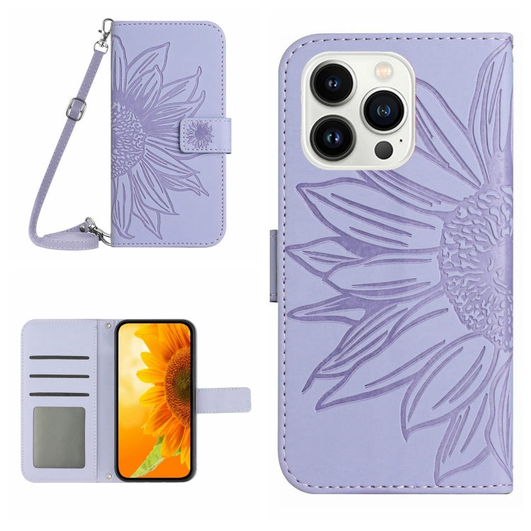 Skin Feel Sun Flower Embossed Flip Leather Phone Case with Lanyard, For iPhone Air, For iPhone 16 Pro Max