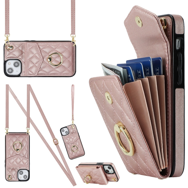 Rhombic Texture Card Bag Phone Case with Long Lanyard, For iPhone 14 Plus, For iPhone 14, For iPhone 14 Pro