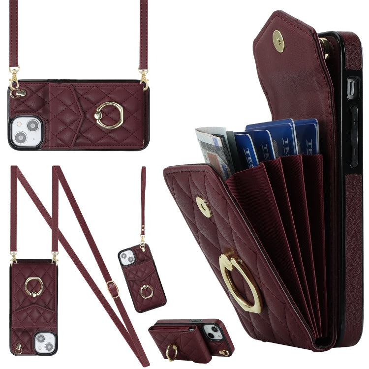 Rhombic Texture Card Bag Phone Case with Long Lanyard, For iPhone 14 Plus, For iPhone 14, For iPhone 14 Pro