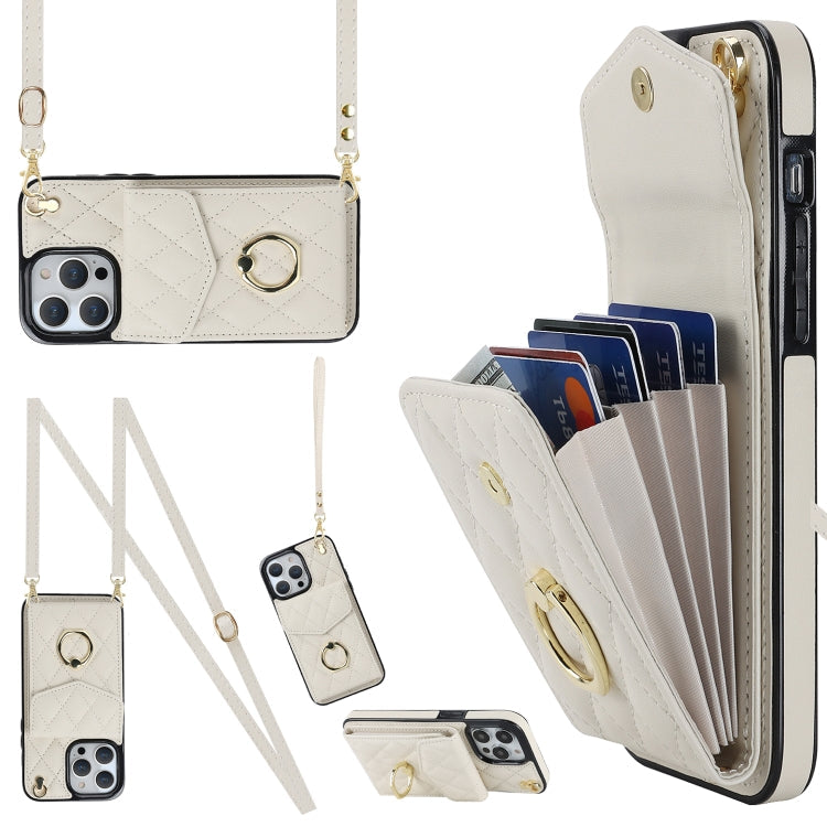 Rhombic Texture Card Bag Phone Case with Long Lanyard, For iPhone 14 Plus, For iPhone 14, For iPhone 14 Pro