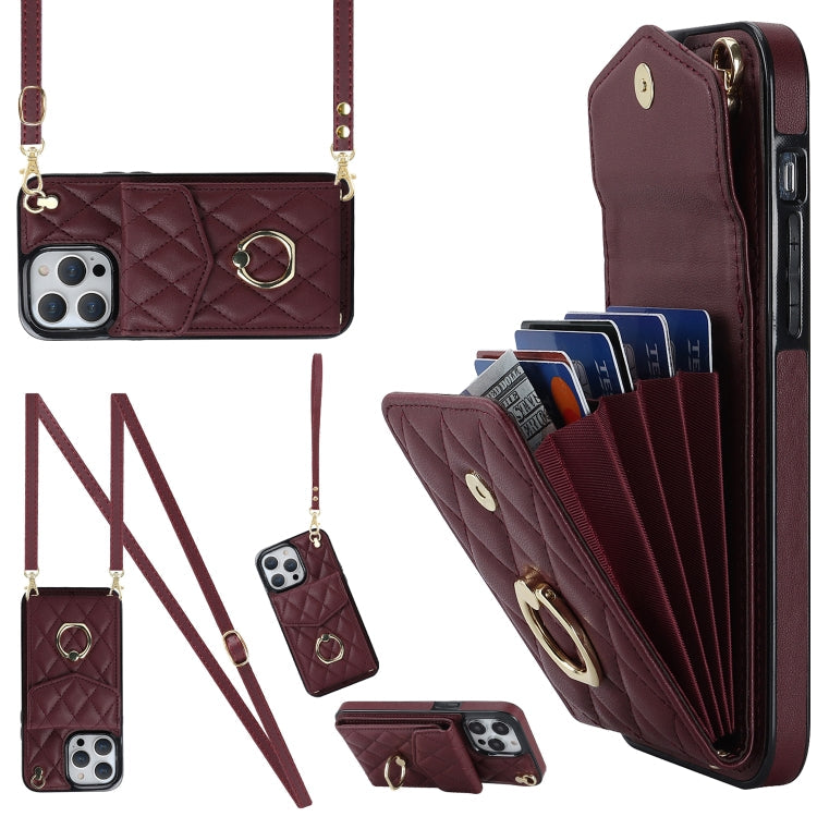 Rhombic Texture Card Bag Phone Case with Long Lanyard, For iPhone 14 Plus, For iPhone 14, For iPhone 14 Pro