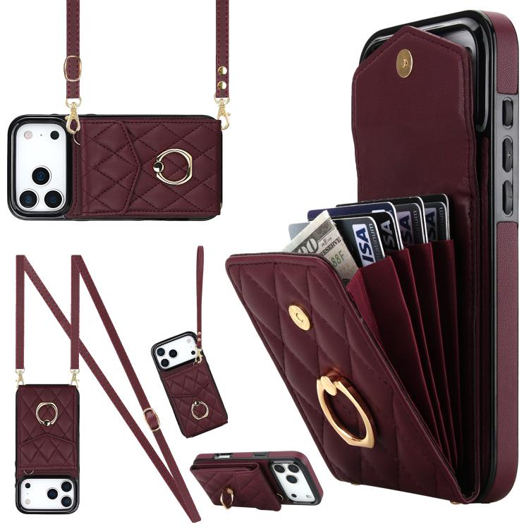 Rhombic Texture Card Bag Phone Case with Long Lanyard, For iPhone 17e / 16e, For iPhone 17 Pro Max, For iPhone 17 Pro