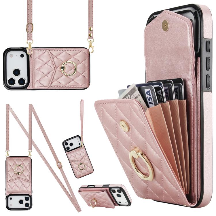 Rhombic Texture Card Bag Phone Case with Long Lanyard, For iPhone 17e / 16e, For iPhone 17 Pro Max, For iPhone 17 Pro