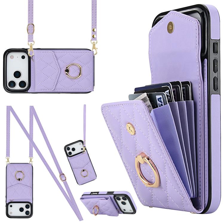 Rhombic Texture Card Bag Phone Case with Long Lanyard, For iPhone 17e / 16e, For iPhone 17 Pro Max, For iPhone 17 Pro