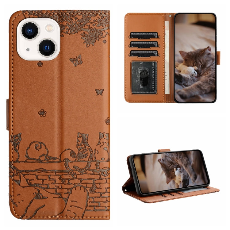 Cat Embossing Pattern Leather Phone Case with Lanyard, For iPhone 13, For iPhone 13 mini, For iPhone 12, For iPhone 12 Pro Max
