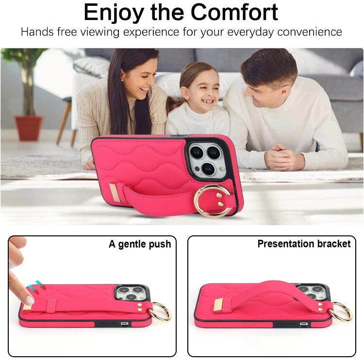 For iPhone 13 Pro Non-slip Full Coverage Ring PU Phone Case with Wristband(Rose Red)