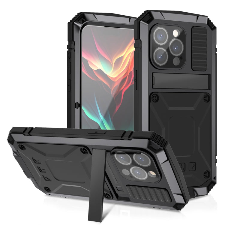 For iPhone 15 Pro Max R-JUST Shockproof Life Waterproof Dust-proof Metal + Silicone Phone Case with Holder(Black)