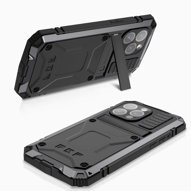 For iPhone 15 Pro Max R-JUST Shockproof Life Waterproof Dust-proof Metal + Silicone Phone Case with Holder(Black)