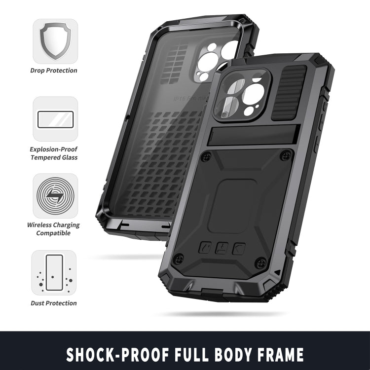 For iPhone 15 Pro Max R-JUST Shockproof Life Waterproof Dust-proof Metal + Silicone Phone Case with Holder(Black)