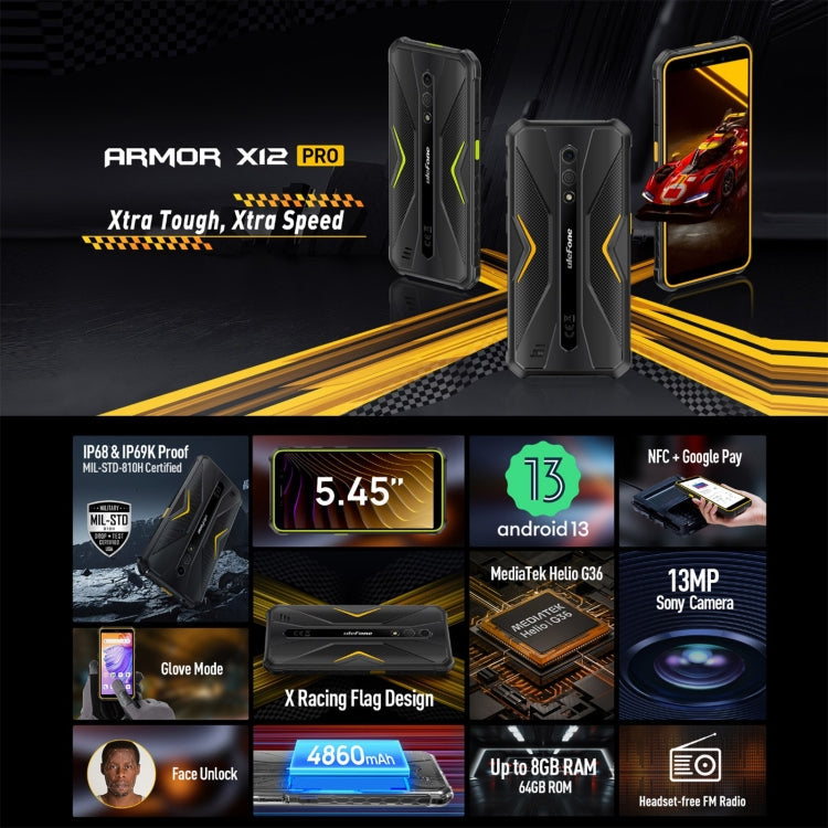 Ulefone Armor X12 Pro, 4GB+64GB, IP68/IP69K Rugged Phone, 5.45 inch Android 13 MediaTek Helio G36 Octa Core, Network: 4G, NFC(All Black)