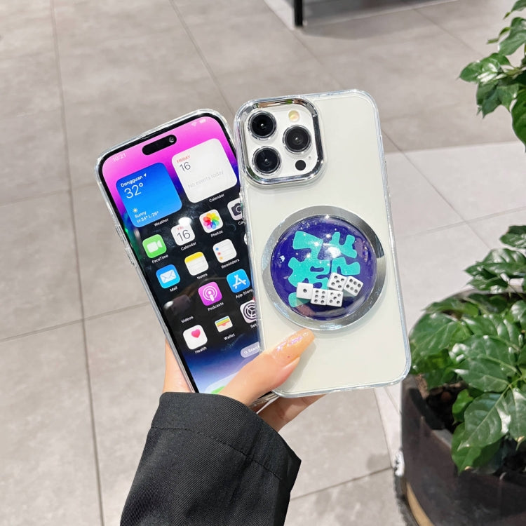 For iPhone 13 Electroplated Lens Ring Transparent Phone Case(Green Dice)