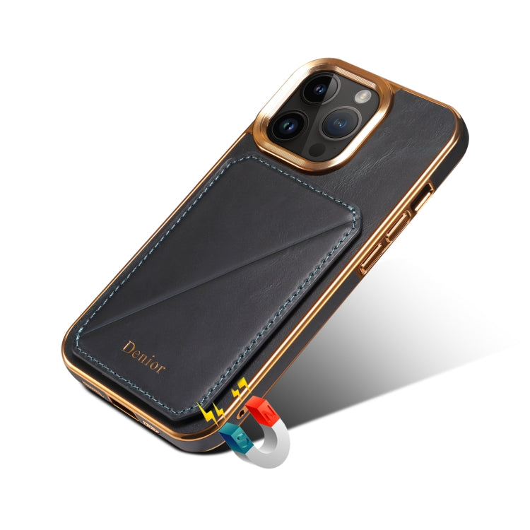 For iPhone 13 Pro Denior Oil Wax Leather Electroplating Card Slot Holder Phone Case(Blue)