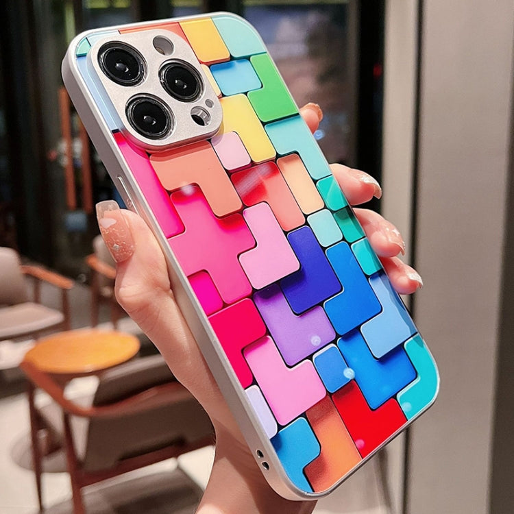 For iPhone 12 Pro Max Colorful Toy Bricks Pattern Shockproof Glass Phone Case(Silver)
