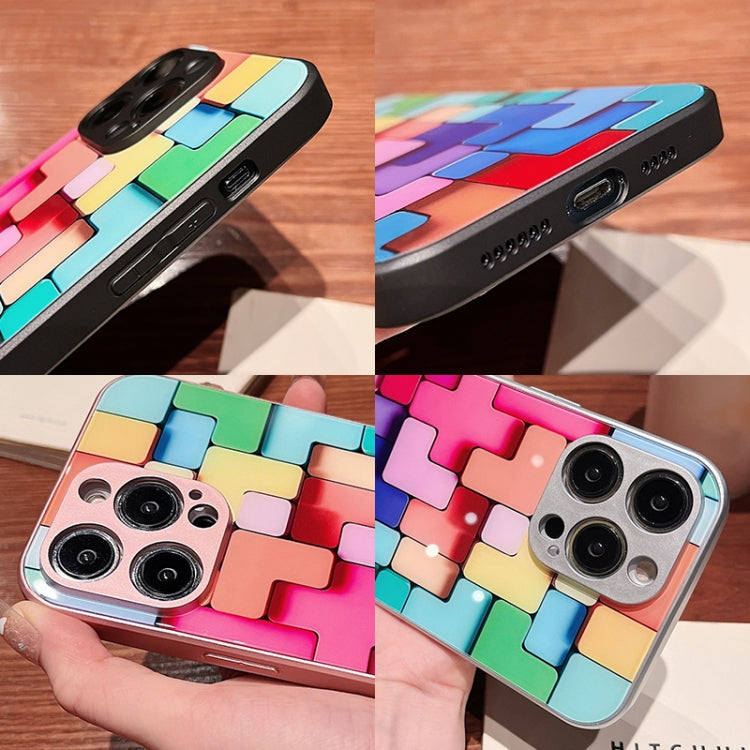 For iPhone 12 Pro Colorful Toy Bricks Pattern Shockproof Glass Phone Case(Silver)