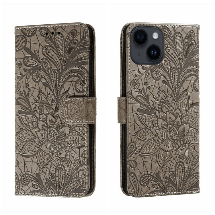 Lace Flower Embossing Flip Leather Phone Case, For iPhone 15