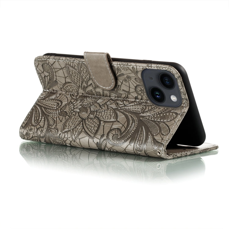 Lace Flower Embossing Flip Leather Phone Case, For iPhone 15