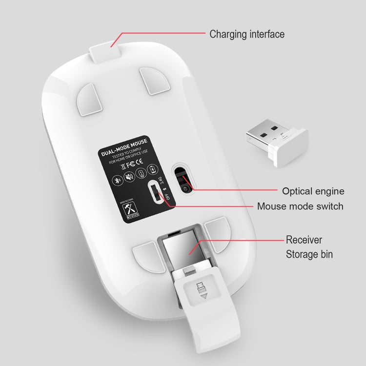 HXSJ M50 2.4GHZ 800,1200,1600dpi Three Gear Adjustment Dual-mode Wireless Mouse USB + Bluetooth 5.1 Rechargeable(Silver)
