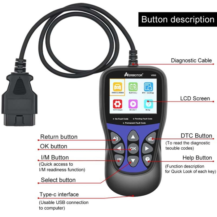 AERMOTOR V850 Car OBD2 Code Reader Diagnostic Scan Tool