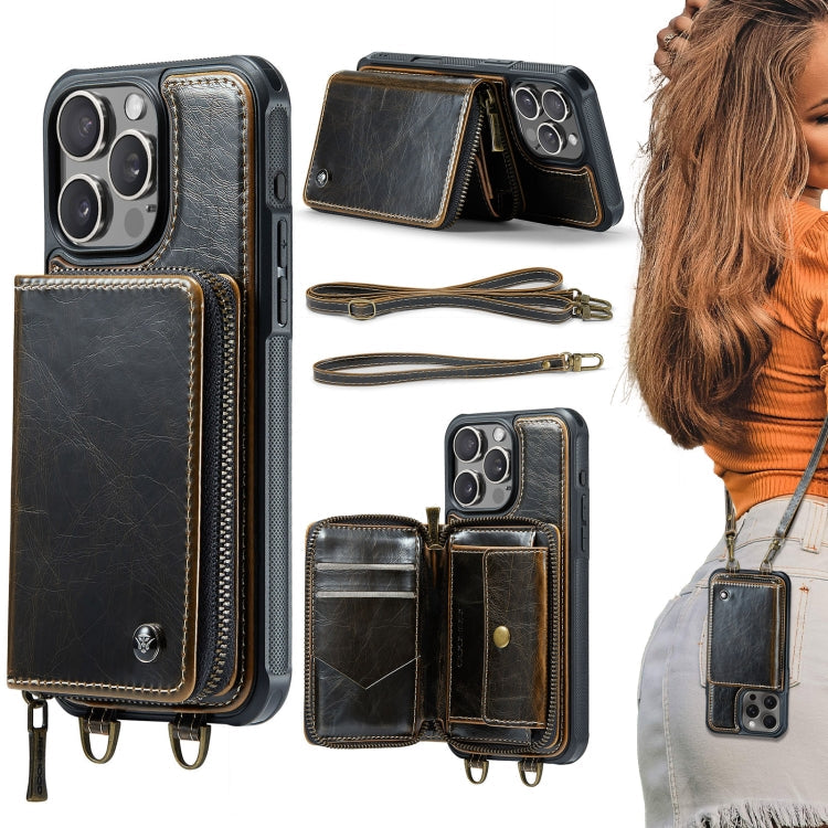 JEEHOOD C22 Series Zipper Wallet Leather Phone Case with Dual Lanyard, For iPhone 16 Pro, For iPhone 16 Plus, For iPhone 16, For iPhone 15 Pro Max