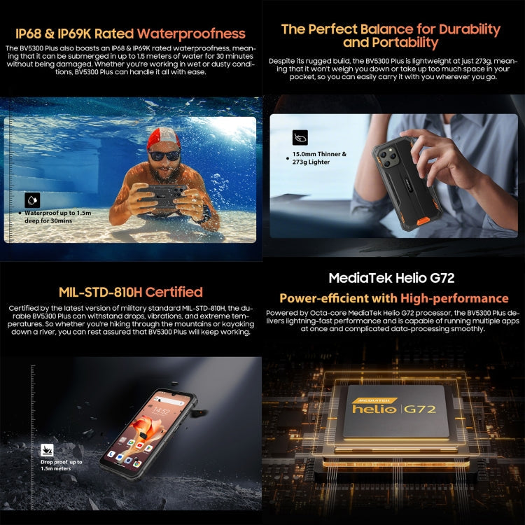 Blackview BV5300 Plus, 8GB+128GB, IP68/IP69K/MIL-STD-810H, 6.1 inch Android 13 MediaTek Helio G72 Octa Core, Network: 4G, OTG(Black)