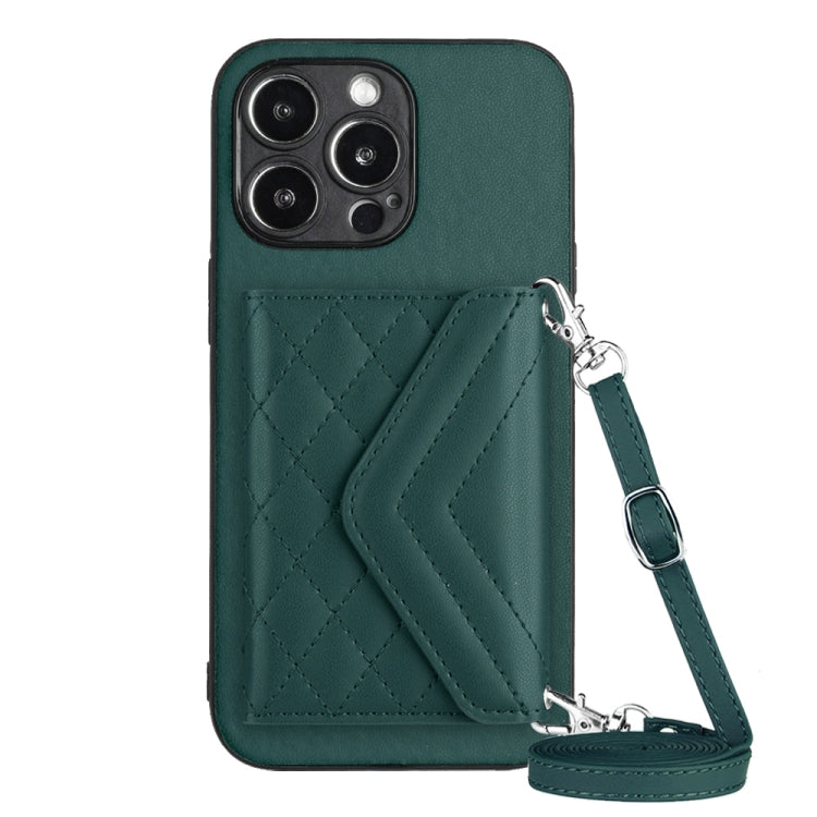 Rhombic Texture Card Bag RFID Phone Case with Long Lanyard, For iPhone 14 Plus, For iPhone 14, For iPhone 14 Pro, For iPhone 14 Pro Max