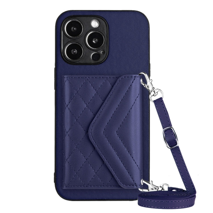 Rhombic Texture Card Bag RFID Phone Case with Long Lanyard, For iPhone 14 Plus, For iPhone 14, For iPhone 14 Pro, For iPhone 14 Pro Max