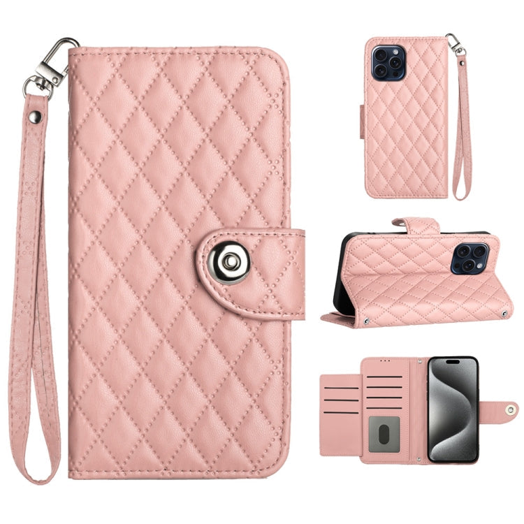 Rhombic Texture Flip Leather Phone Case with Lanyard, For iPhone 15, For iPhone 14 Plus, For iPhone 14, For iPhone 14 Pro