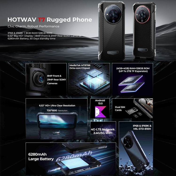 HOTWAV T7 Rugged Phone, 4GB+128GB, 6280mAh, 6.52 inch Android 13 MT8788 Octa Core, Network: 4G, OTG(All Black)
