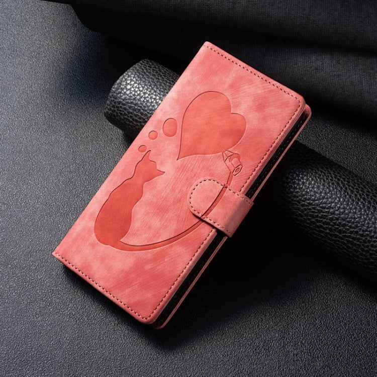 Pen Heart Cat Embossed Leather Phone Case, For iPhone 14 Plus, For iPhone 14, For iPhone 14 Pro, For iPhone 14 Pro Max