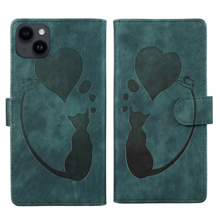 Pen Heart Cat Embossed Leather Phone Case, For iPhone 14 Plus, For iPhone 14, For iPhone 14 Pro, For iPhone 14 Pro Max